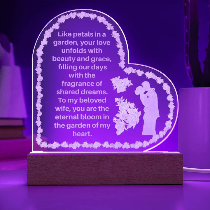 Blooming Love: LED Lighted Acrylic Heart on Wooden Base - An Artful Expression of Eternal Romance and Illuminated Dreams