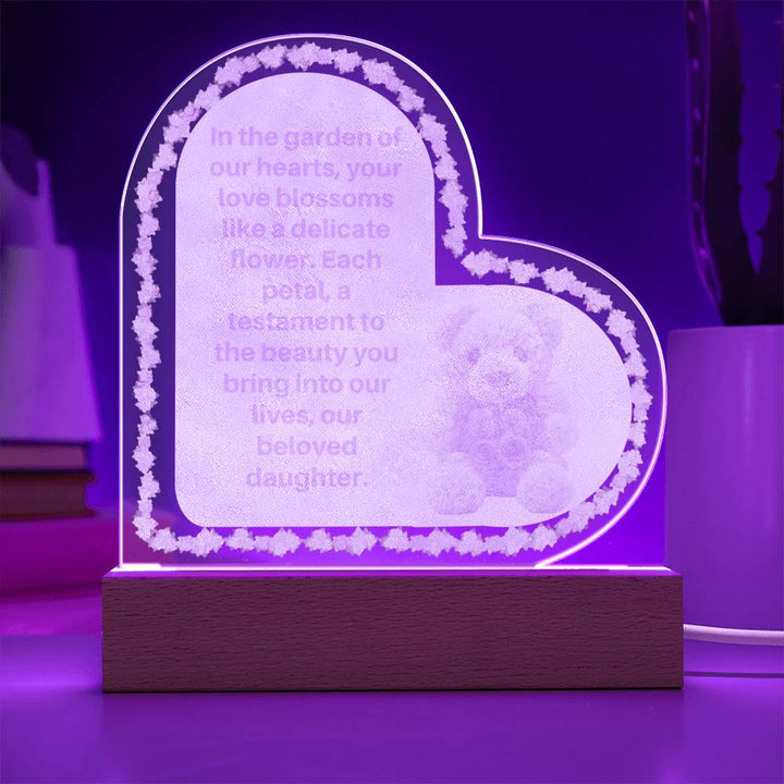 Blossoming Love: LED Lighted Acrylic Heart on Wooden Base with Rose Chain and Rose Teddy Bear - A Radiant Tribute to Enduring Affection for Your Beloved Daughter