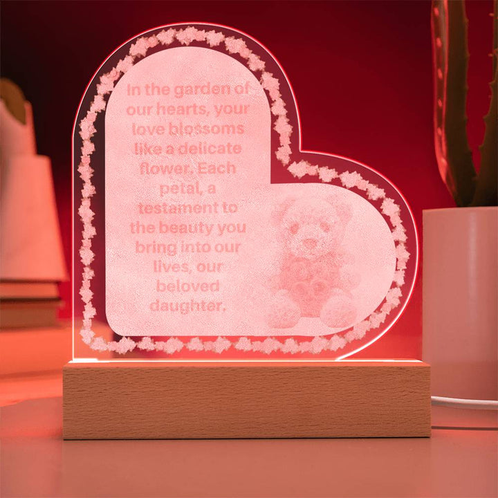 Blossoming Love: LED Lighted Acrylic Heart on Wooden Base with Rose Chain and Rose Teddy Bear - A Radiant Tribute to Enduring Affection for Your Beloved Daughter