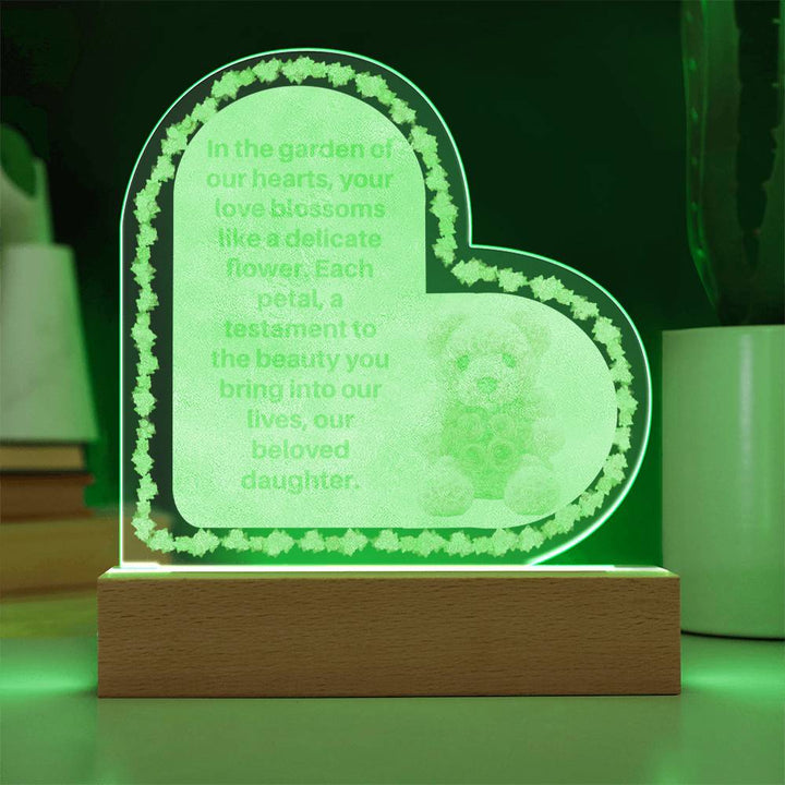 Blossoming Love: LED Lighted Acrylic Heart on Wooden Base with Rose Chain and Rose Teddy Bear - A Radiant Tribute to Enduring Affection for Your Beloved Daughter