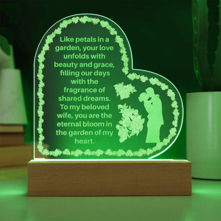 Blooming Love: LED Lighted Acrylic Heart on Wooden Base - An Artful Expression of Eternal Romance and Illuminated Dreams